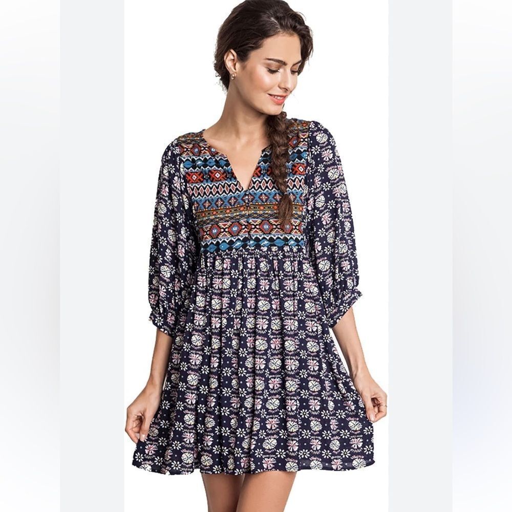 Umgee Navy Blue Colorful Tribal Print Peasant Tunic Blouse Mini Boho Dress